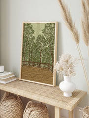 Illustrative forest wall art showing a wooden deck overlooking many green trees and foliage under a light green sky. - Image 3