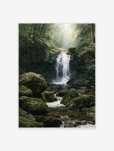 Lush forest waterfall cascading over mossy rocks and dark cliffs in a misty woodland landscape art print