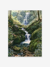 Watercolor forest waterfall landscape art print with mossy rocks and blue flowers