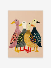 Four colourful illustrative ducks with unique patterns in red, green, yellow, and blue on a light pink background