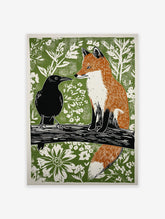Linocut style art print depicting a black crow and an orange fox on a branch against a green botanical background.