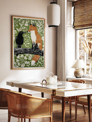 Linocut style art print depicting a black crow and an orange fox on a branch against a green botanical background. - Image 3