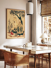 Illustrative fox sitting on a stump with a lantern and red fruit, woodland art print on cream, in a styled room mockup