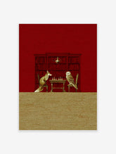 Illustrative print of a fox and an owl playing chess at a table, against a red bookshelf background