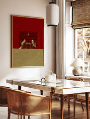 Illustrative print of a fox and an owl playing chess at a table, against a red bookshelf background, in a styled room mockup