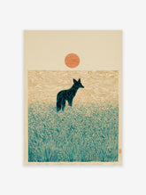 Teal fox in tall grass under an orange sun in a modern woodcut style art print on a light background