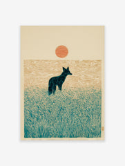 Teal fox in tall grass under an orange sun in a modern woodcut style art print on a light background