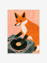 Illustrated orange fox DJing on a turntable, pink background art print