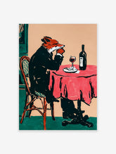 Illustrative print of a fox in a suit drinking red wine at a table with a red tablecloth