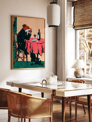 Illustrative print of a fox in a suit drinking red wine at a table with a red tablecloth, in a styled room mockup