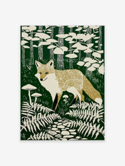 Illustrative fox print in a dark green forest with beige ferns, mushrooms, trees, and a stone path