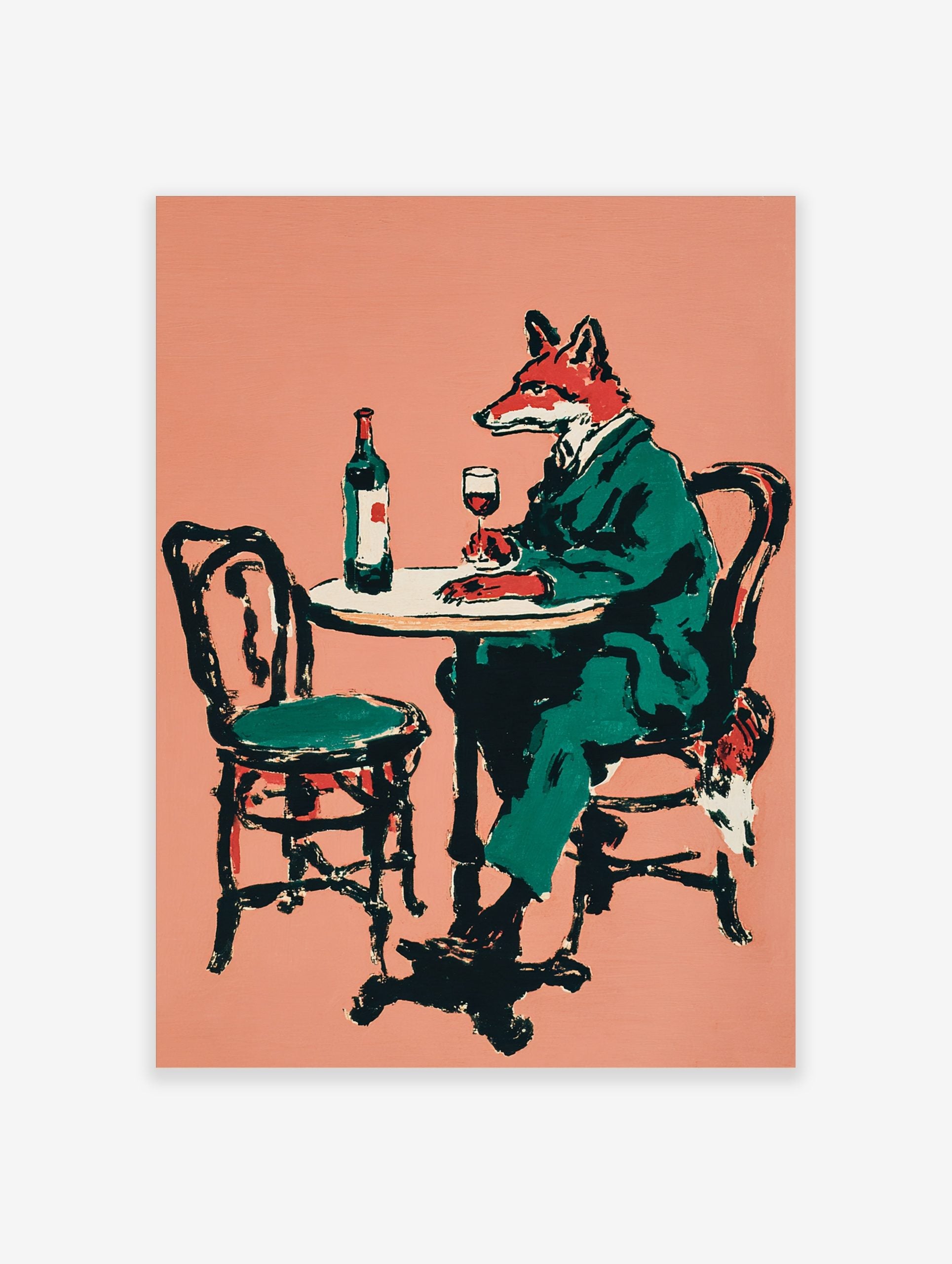 Illustrative print of a fox in a green suit sitting at a table with a bottle and glass of red wine on a peach background