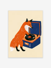 Stylized red fox operating a blue vinyl record player, illustrative art print on a neutral background