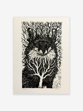 Fox head portrait with tree branch silhouettes in a monochromatic illustrative woodcut style on white paper