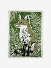 Green lino print of a sitting fox surrounded by ferns, capturing wildlife and nature's beauty