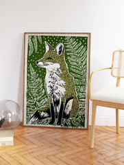 Green lino print of a sitting fox surrounded by ferns, capturing wildlife and nature's beauty - Image 2