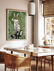 Green lino print of a sitting fox surrounded by ferns, capturing wildlife and nature's beauty - Image 3