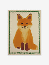 Illustrated fox wall art print with an orange and brown sitting fox and a green wavy border on a light background.