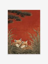 Two Japanese style foxes nestled in green foliage under pine branches against a red background, "Fox Wall Art".