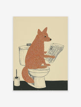 Humorous fox wall art illustration of an orange fox sitting on a toilet reading a newspaper with a toilet brush holder