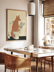 Humorous fox wall art illustration of an orange fox sitting on a toilet reading a newspaper with a toilet brush holder - Image 2