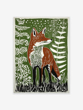 Illustrated fox art print with brown fox, green background, and white plants in a woodland scene.