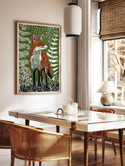 Illustrated fox art print with brown fox, green background, and white plants in a woodland scene. - Image 3