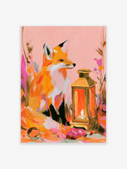 Illustrative fox sitting next to a glowing lantern with colourful abstract flowers, pink and orange art print