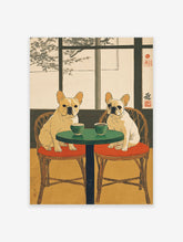 Two French Bulldogs sit at a table in a Japanese ukiyo-e style art print, featuring neutral and green tones.