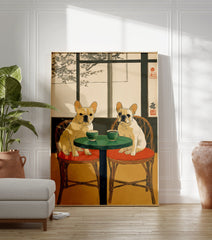 Two French Bulldogs sit at a table in a Japanese ukiyo-e style art print, featuring neutral and green tones. - Image 3