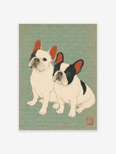 Japanese Ukiyo-e style art print featuring two French Bulldogs, one white and one black & white, on a teal wave background.