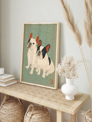 Japanese Ukiyo-e style art print featuring two French Bulldogs, one white and one black & white, on a teal wave background. - Image 3