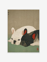 Japanese style French Bulldog art print featuring a white and black French Bulldog lying down on a green surface.
