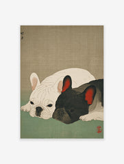Japanese style French Bulldog art print featuring a white and black French Bulldog lying down on a green surface.