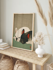 Japanese style French Bulldog art print featuring a white and black French Bulldog lying down on a green surface. - Image 3