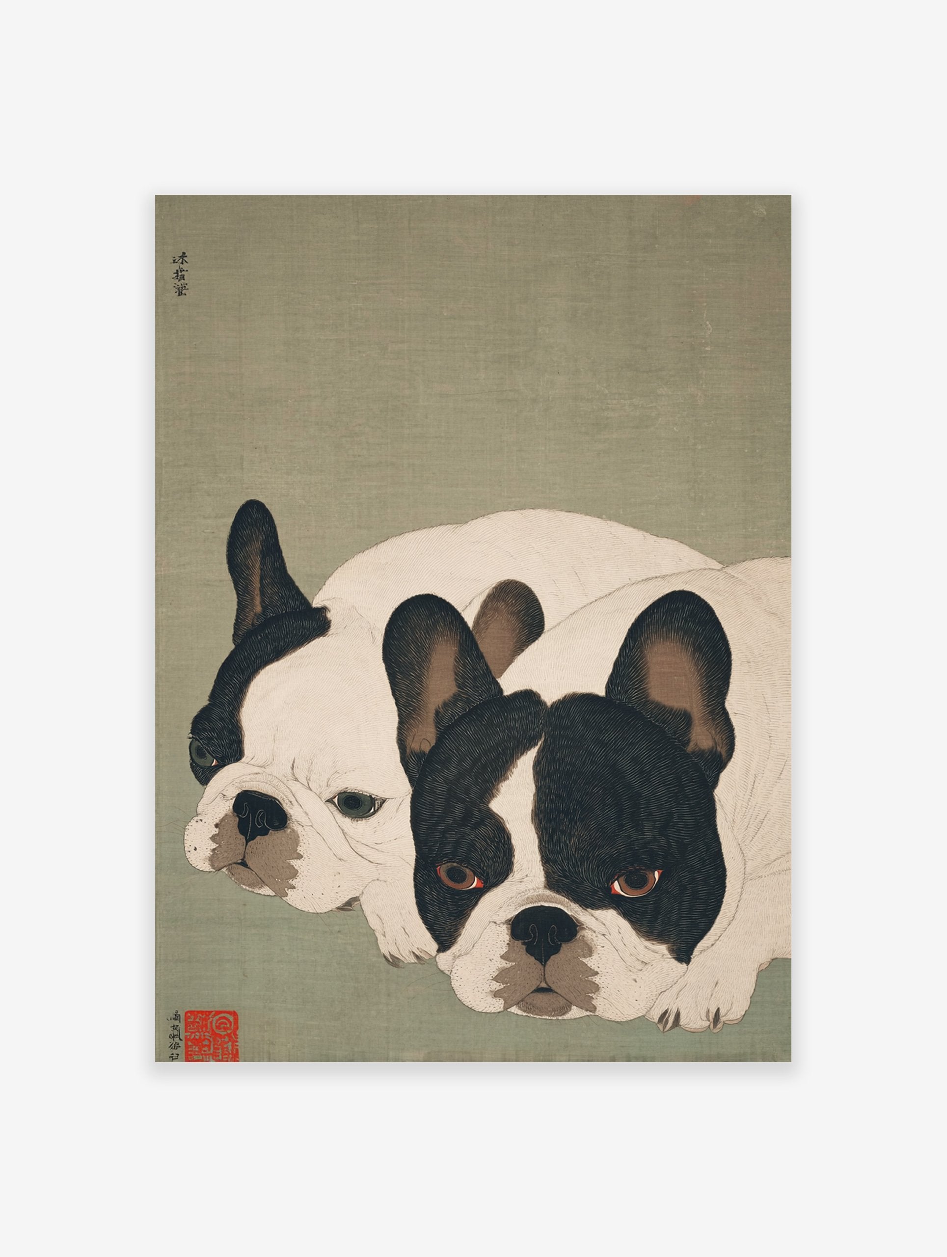 Japanese style French Bulldog art print featuring two black and white dogs lying down on a muted green background.