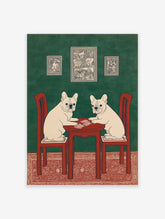 Illustrated French Bulldog wall art featuring two dogs playing cards at a red table against a green wall with a red rug.