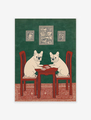 Illustrated French Bulldog wall art featuring two dogs playing cards at a red table against a green wall with a red rug.