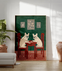 Illustrated French Bulldog wall art featuring two dogs playing cards at a red table against a green wall with a red rug. - Image 3