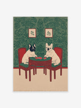 Illustrated French Bulldog wall art featuring two dogs playing cards at a red table against green patterned wallpaper.
