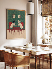 Illustrated French Bulldog wall art featuring two dogs playing cards at a red table against green patterned wallpaper. - Image 2