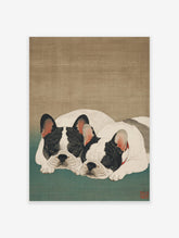 Japanese style illustration of two sleeping black and white French Bulldogs on a green mat with a brown background.