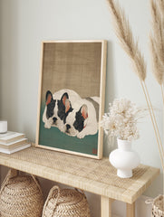 Japanese style illustration of two sleeping black and white French Bulldogs on a green mat with a brown background. - Image 3