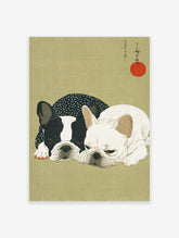 Japanese illustration of two French Bulldog wall art, one black and white, one white, on an olive green background with a red sun.