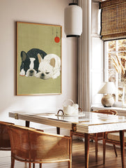 Japanese illustration of two French Bulldog wall art, one black and white, one white, on an olive green background with a red sun. - Image 2