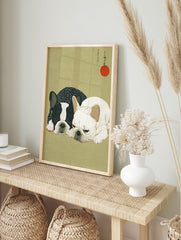 Japanese illustration of two French Bulldog wall art, one black and white, one white, on an olive green background with a red sun. - Image 3