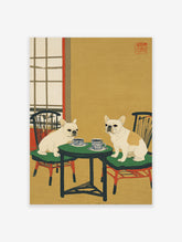 Two French Bulldogs sit at a table with teacups in a Japanese-style illustration, featuring a yellow background and red accents.