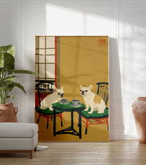 Two French Bulldogs sit at a table with teacups in a Japanese-style illustration, featuring a yellow background and red accents. - Image 3