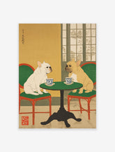 Japanese Ukiyo-e style French Bulldog wall art print showing two dogs at a green table with teacups.