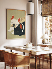 Japanese art style illustration of two sleeping French Bulldogs, one white and one black, on a light green textured background. - Image 2